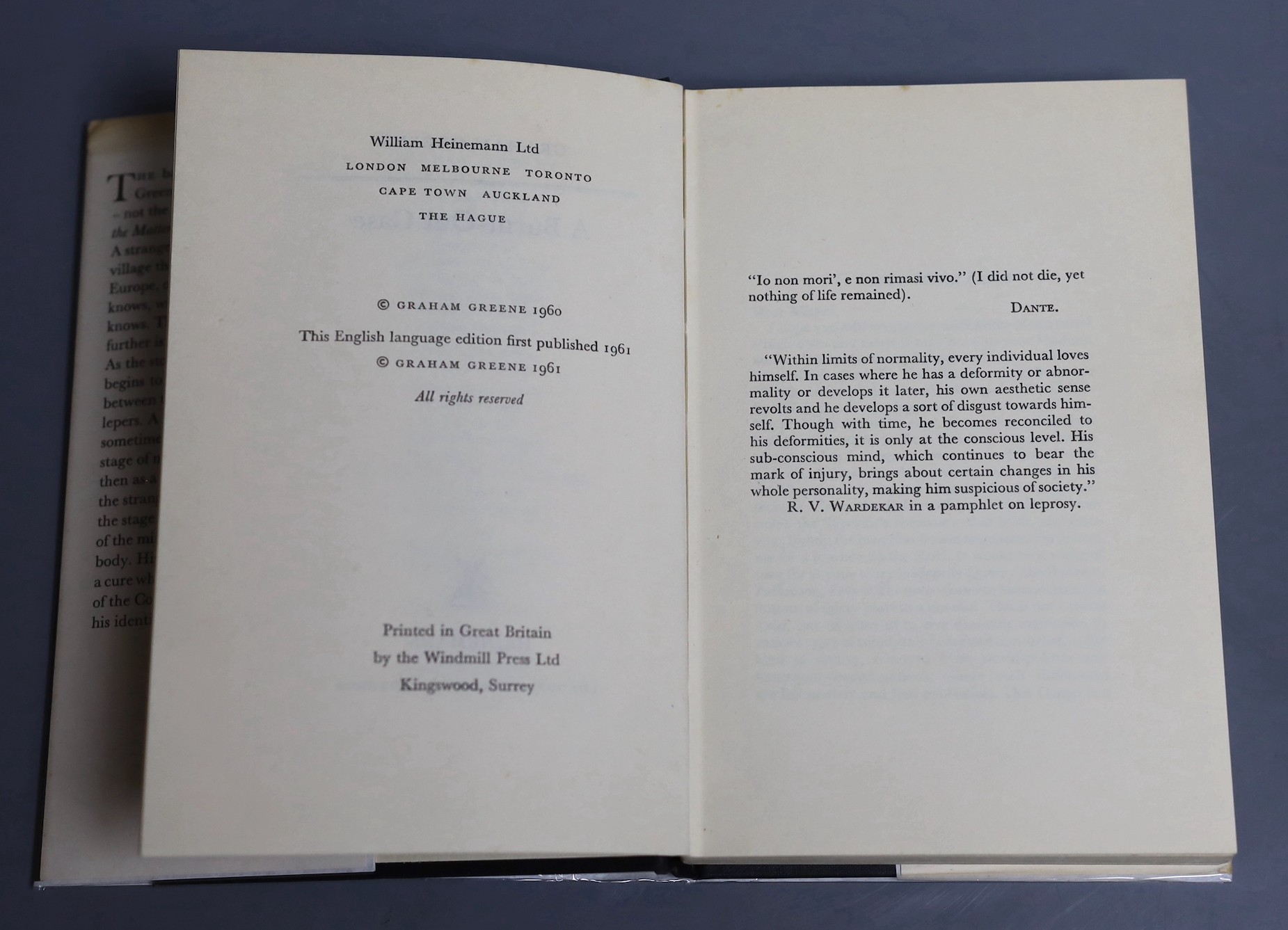 Greene, Graham - A Burnt out Case. 1st English ed. original cloth with I clipped d/j. 8vo. Heinemann, London, 1961.
